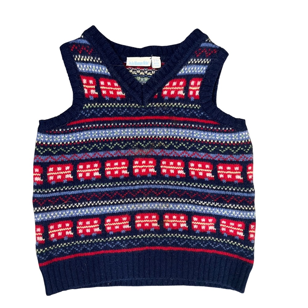 JoJo Maman Bebe Kids Navy Lambswool London Bus Fair Isle Sweater Vest 2-3Y